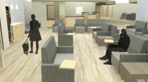 a color rendering of part of the new lobby at the veterinary teaching hospital