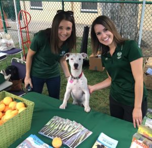two women in green shirts pose with a white dog at an outdoor event
