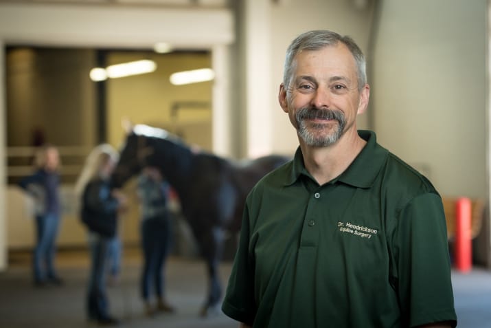 Dean Hendrickson smiling at the CSU Veterinary Teaching Hospital. Staff exams a horse in the background.