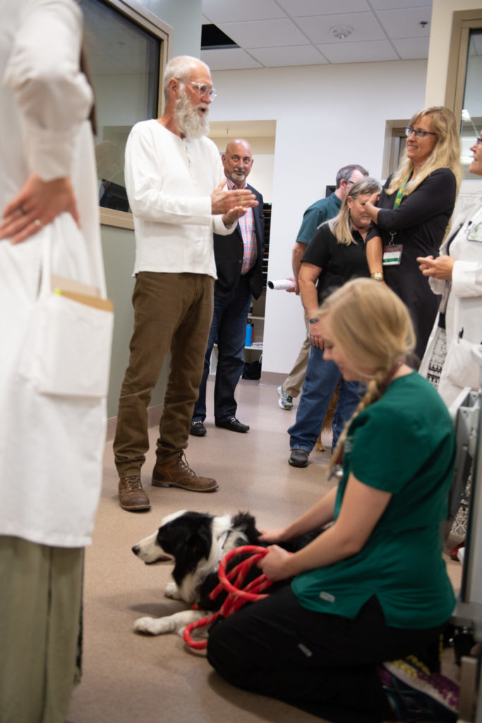 David Letterman in the CSU oncology clinic, with staff and a dog