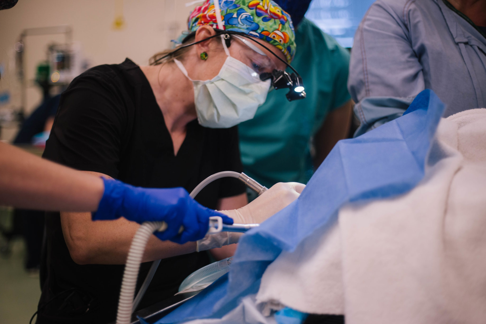 woman with medical cap on performs surgery