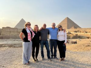 COP27 CSU delegates Colleen Duncan, Aleta Weller, Hussam Mahmoud, Peter Backlund, and Courtney Shultz at the pyramids