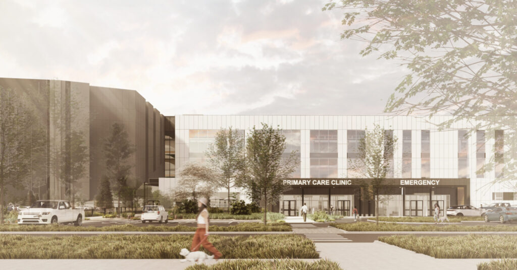 A building rendering of the east side of the proposed Veterinary Health and Education Complex
