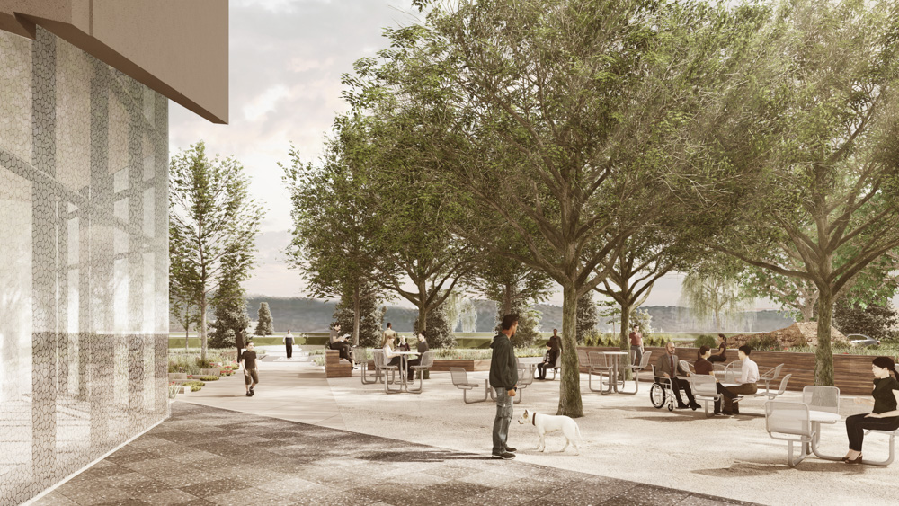 An outside rendering of the patio of the proposed Veterinary Health and Education Complex