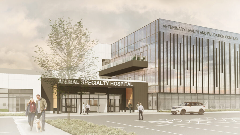 A building rendering of the south side of the proposed Veterinary Health and Education Complex