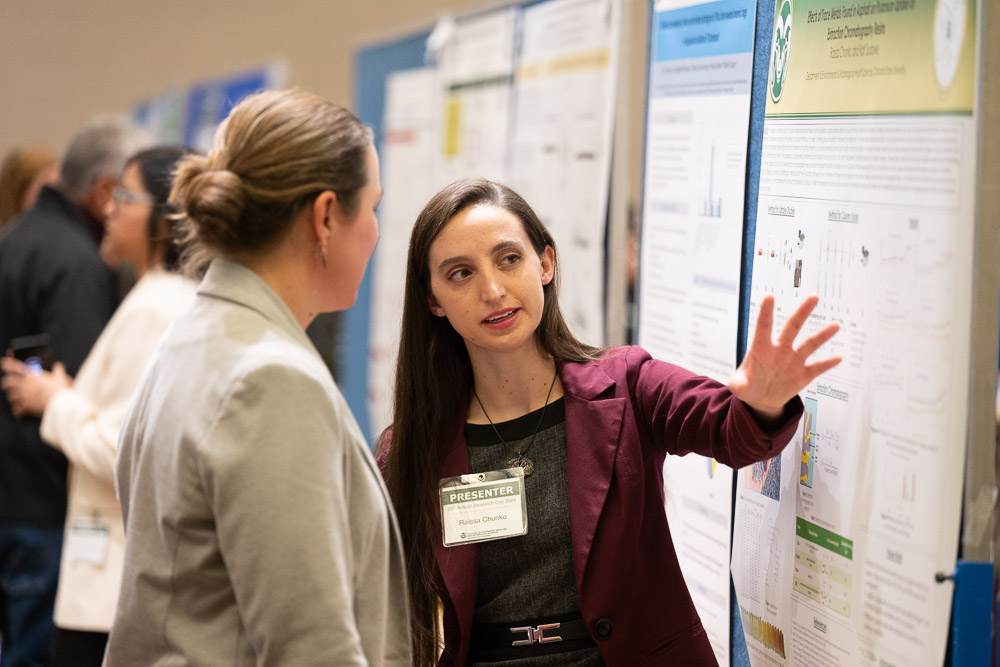 Students explain their research during the undergraduate poster show Keynote at the 2024 CVMBS Research Day. January 27, 2024